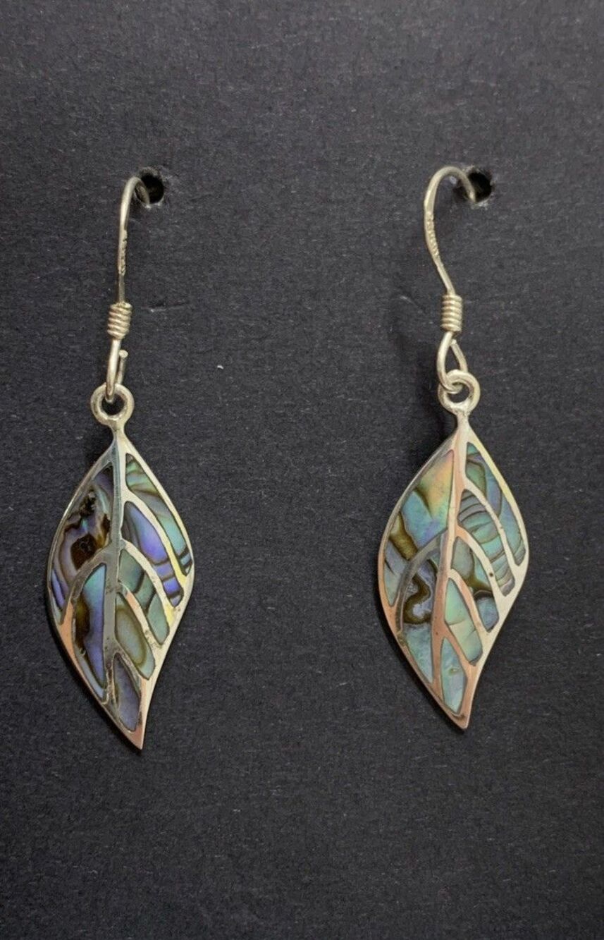 Vintage 925 Sterling Silver Abalone Inlay Leaf Feather Earrings Boho